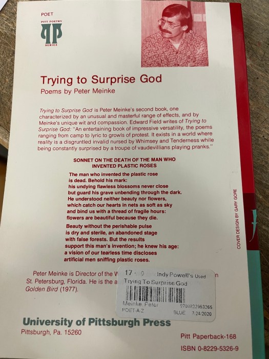 The back cover of Peter Meinke's Trying to Surprise God.