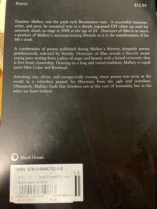 The back cover of Dominic Mallary's Destroyer of Man.