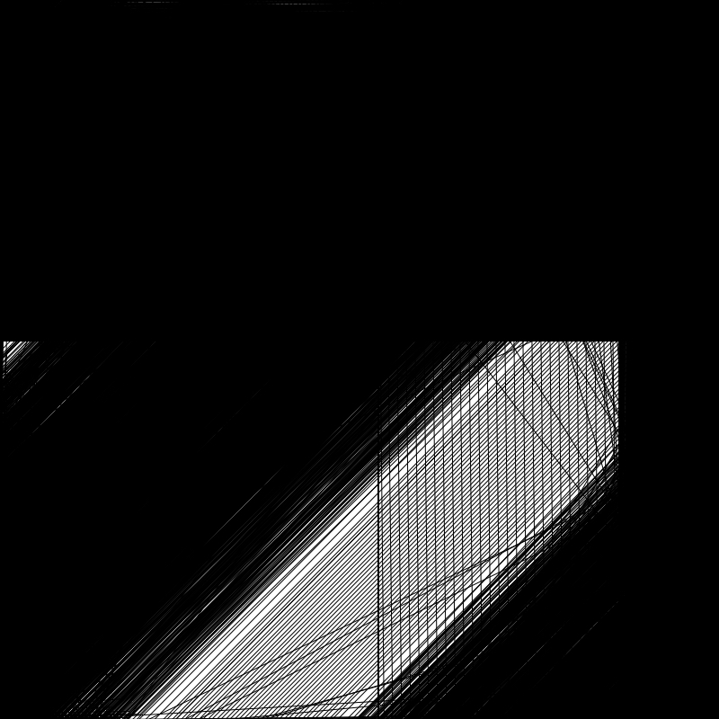 A square whose top half is all black, the bottom half is mostly diagonal lines, some of which are closer together and some are farther apart, with some widely-spaced vertical lines in the bottom right creating a sort of grid where the intersect with the widely space diagonal lines.