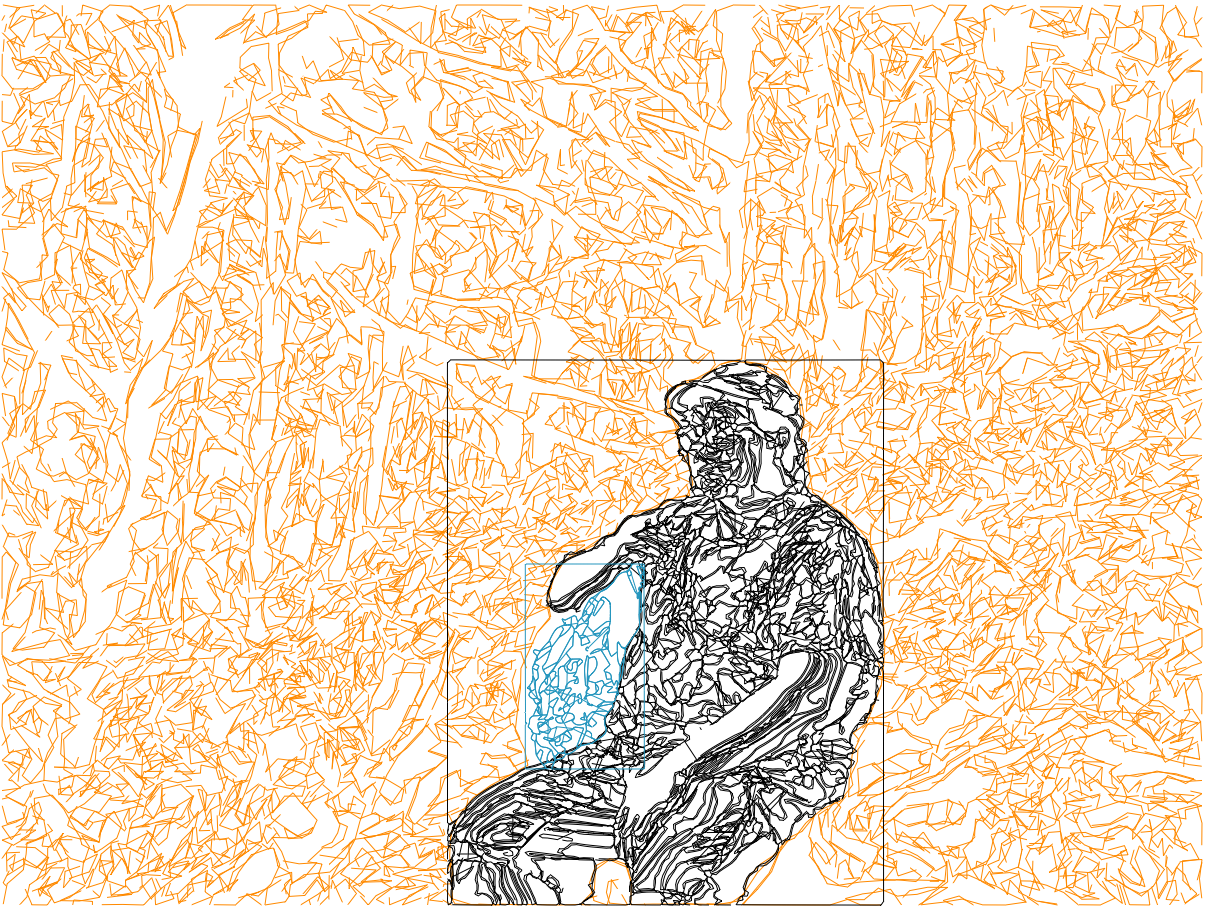 The above photo but as a groovy line drawing, with the background in orange, the backpack in blue, and the man in black.