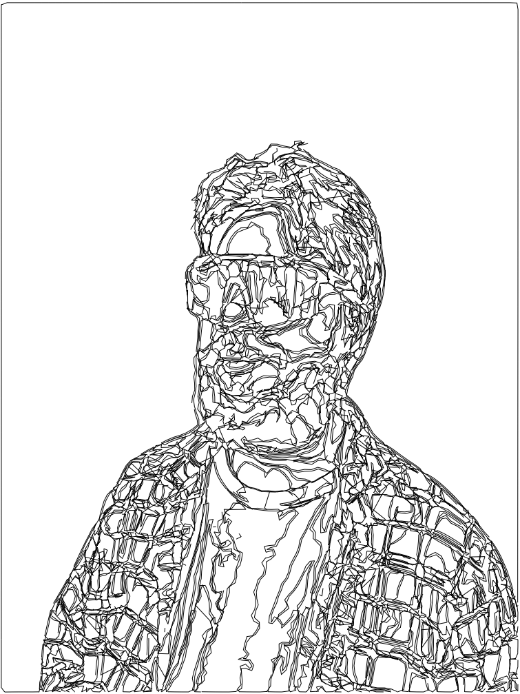 Black -and-white vector art line drawing of the photo of me in giant shades, but the lines have kind of a groovy 60's wiggliness to them.