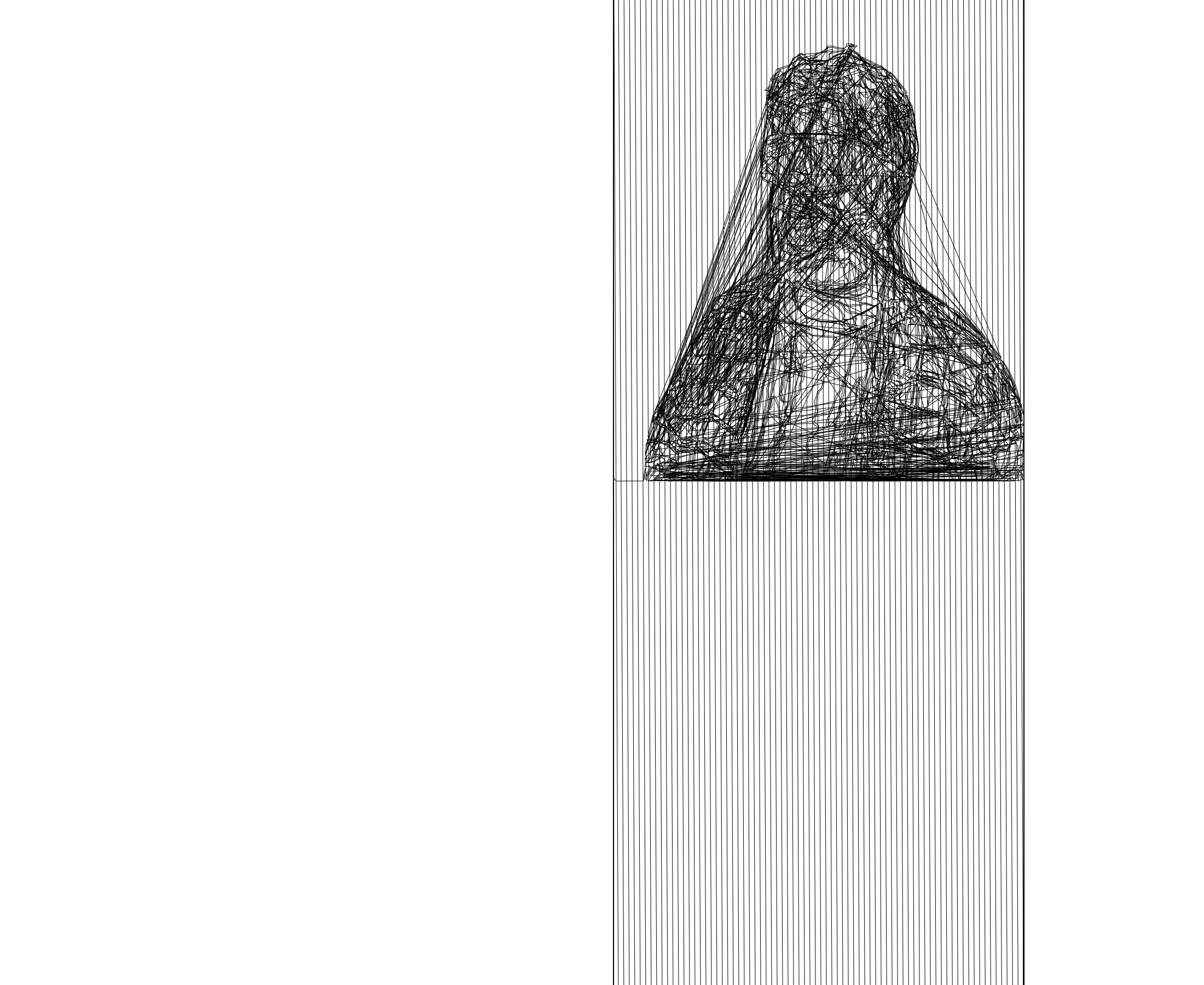 Black line drawing on a white background. A wireframe figure covered by a bunch of crisscrossing lines, but is recognizably based on the above photo of me with giant shades on.