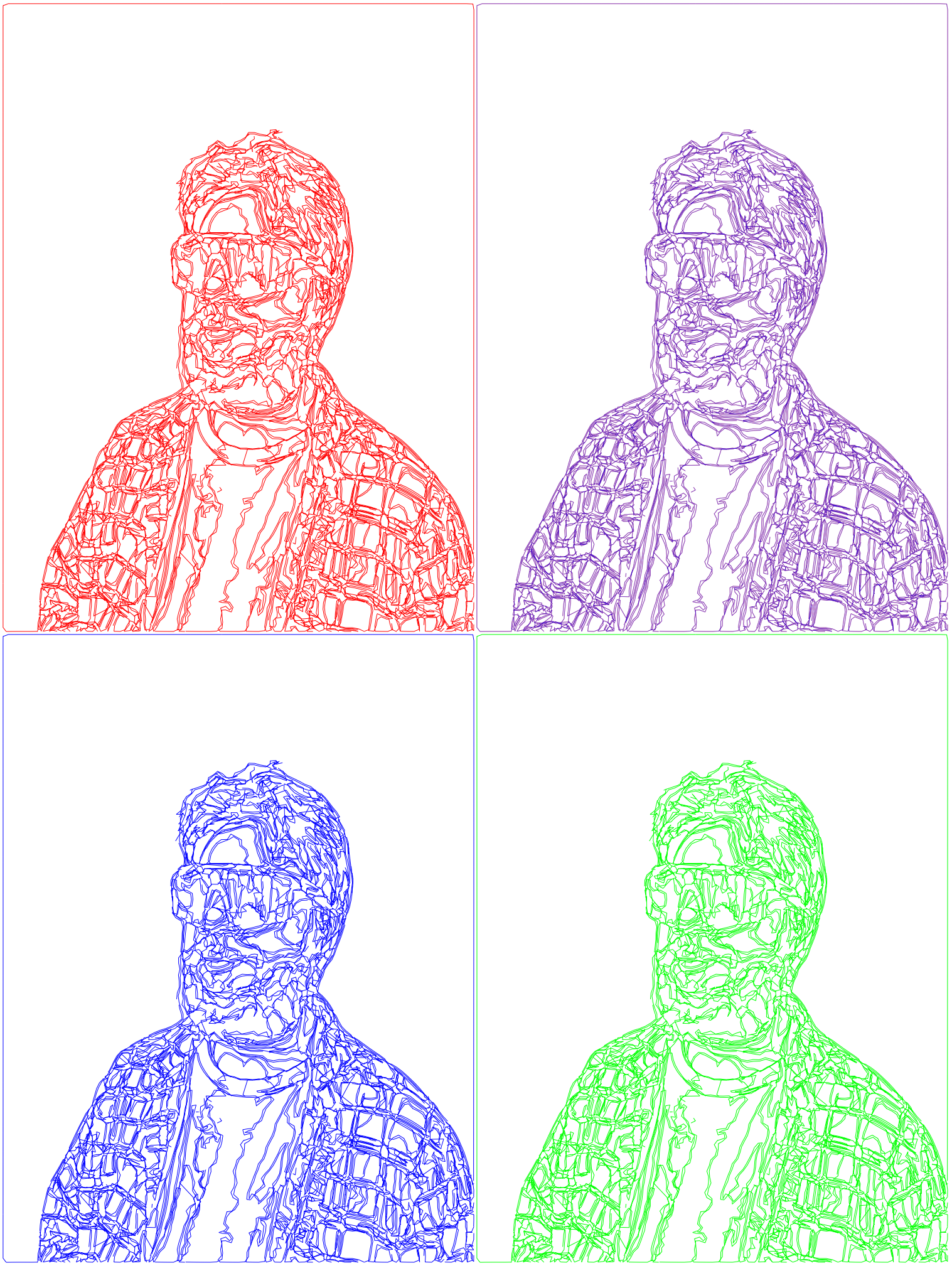The same image but in red, purple, blue, and green.