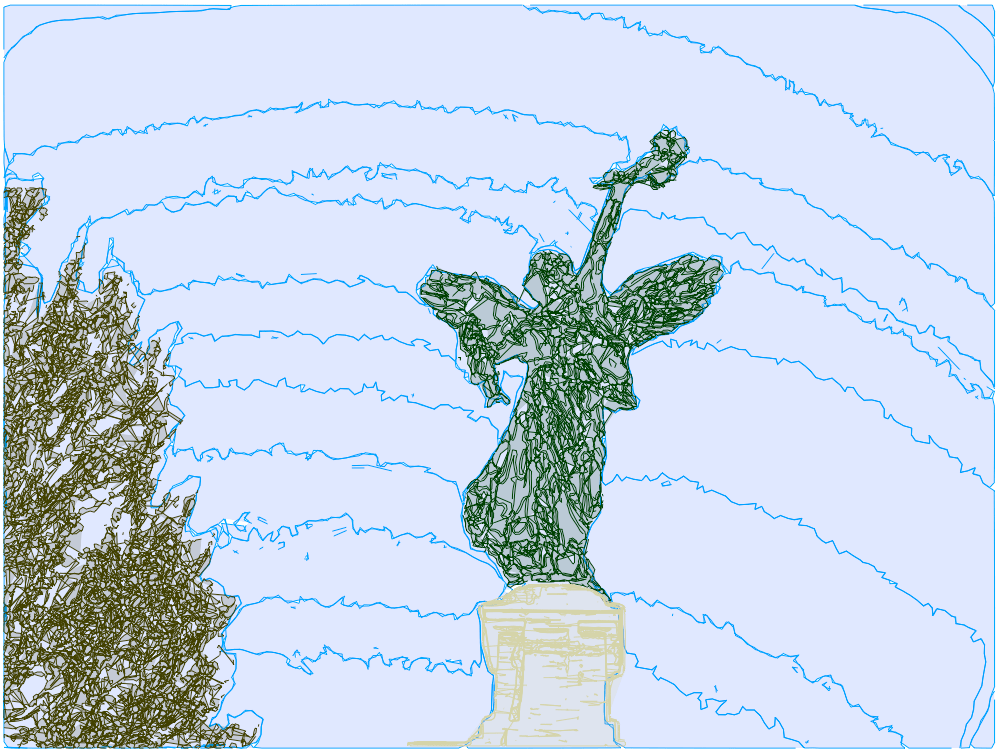 The above image but without the glitchy and the statue has the same low-opacity fill as the other objects. Oh and the sky his various jagged lines arcing through it, these are due to the color gradient from the original image.