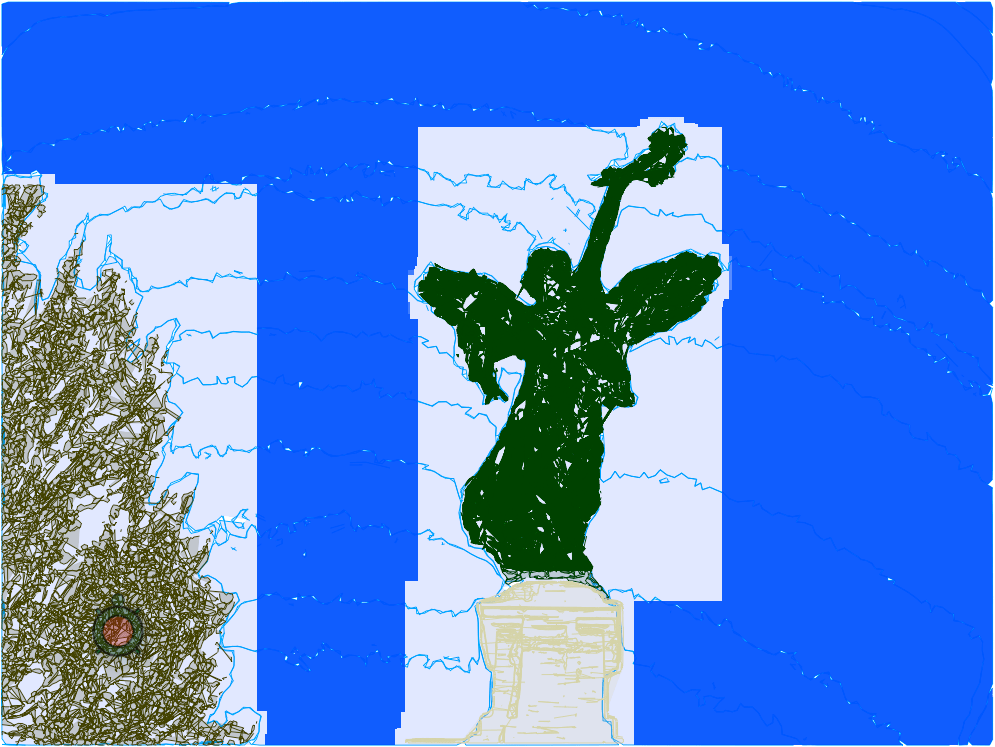 Look, this one's hard to describe. It's the above image, translated to a vector drawing like with the others, except something went wrong so there's this glitchy blue covering a lot of the image and the statue is way more solid than the other objects.