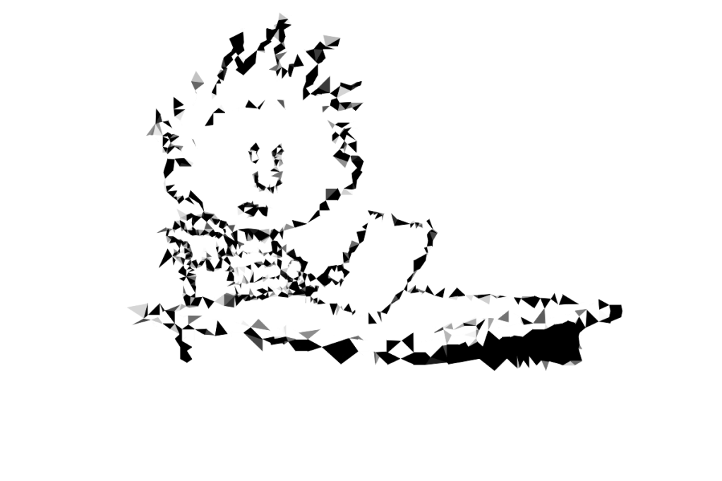 A black-and-white image of a precocious 6-year-old boy (Calvin from Calvin & Hobbes) with a striped shirt and spiky hair sitting at a desk with his right arm propped on the back of his chair and his left hand hold a piece of paper as stares at the viewer, mouth open as if to speak. But also the whole image was traced over and redrawn as vector art and then put through a polygonification filter so it looks distorted, sort of like looking through a kaleidoscope but only one panel.